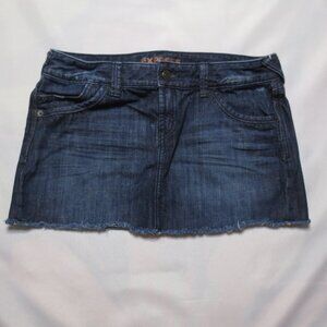 EXPRESS womens SKIRT blue DENIM jean FRAYED distressed MINI SIZE 8